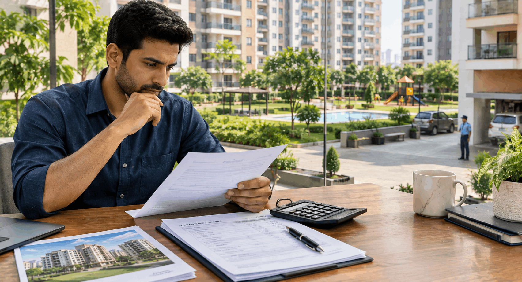 Homebuyer reviewing flat maintenance charges with a calculator and documents in a modern apartment society