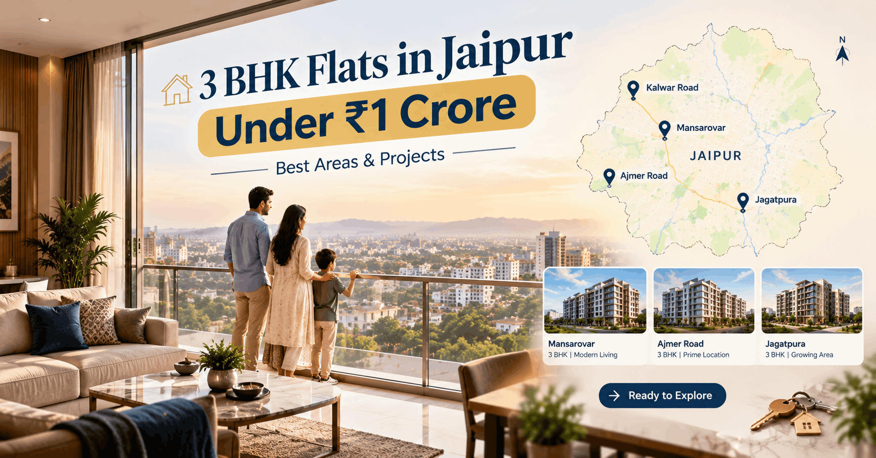 3 BHK flats in Jaipur under ₹1 crore featuring a modern apartment, Jaipur location map and residential property options.