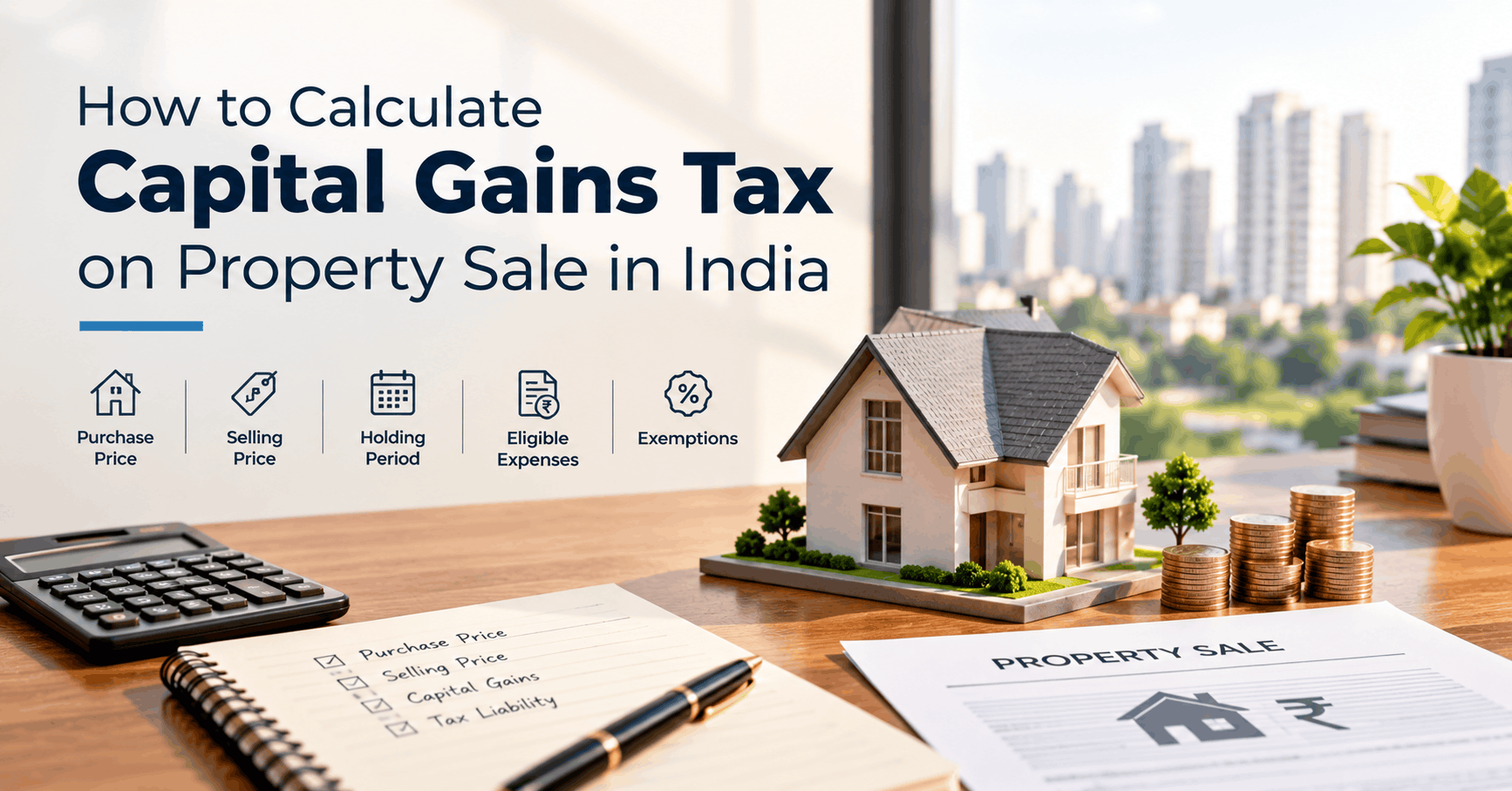 Capital gains tax on property sale in India, featuring a house model, calculator, property sale documents and tax calculation essentials.