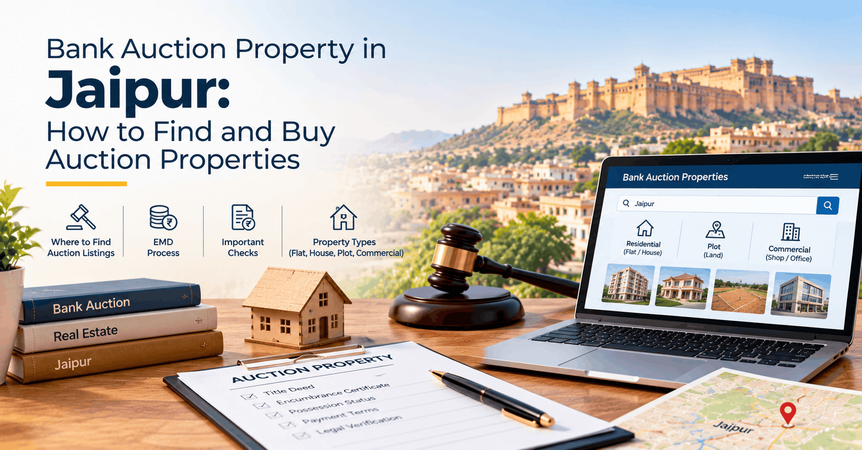Bank auction property in Jaipur showing a residential house, bank auction notice, property verification checklist and documents for buyers researching auction properties.